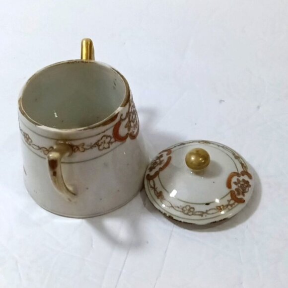 Antique Nippon Porcelain Hand Painted Condiment Pot w/ Lid Orange & Gold Decor - Picture 4 of 10